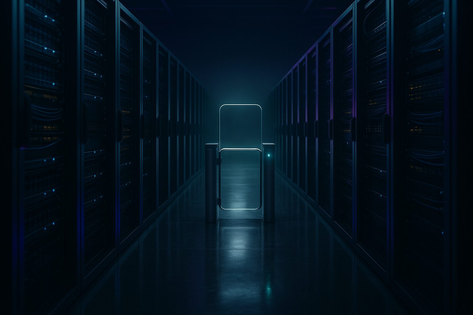 Best AI governance tools for 2026 compared — a governed checkpoint gate in an enterprise data center, representing EVE AI Core, Credo AI, Holistic AI, IBM watsonx.governance, Collibra, Fiddler AI and more
