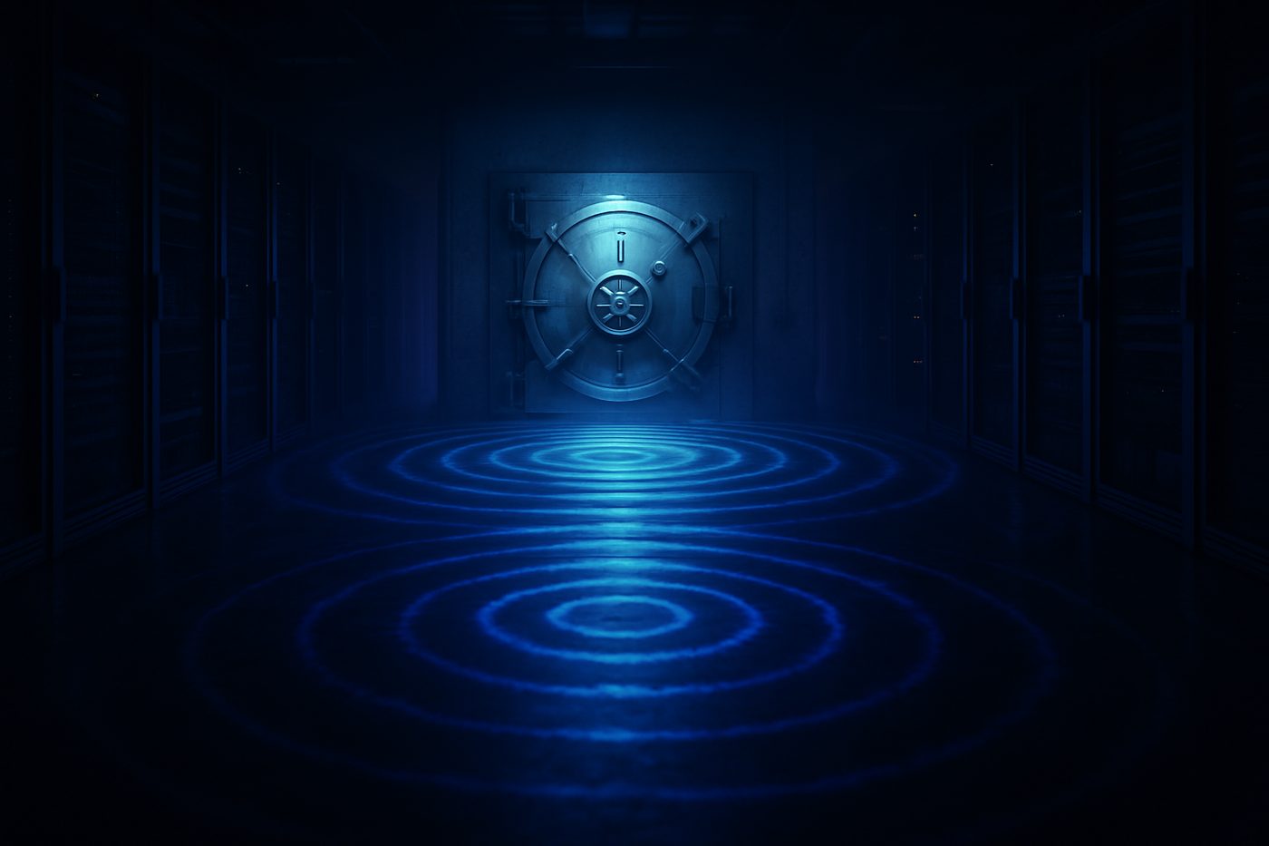 Concentric shockwave rings radiating from an illuminated vault blast-door across a dark data-center floor, a visual metaphor for the contained blast radius of an AI agent action