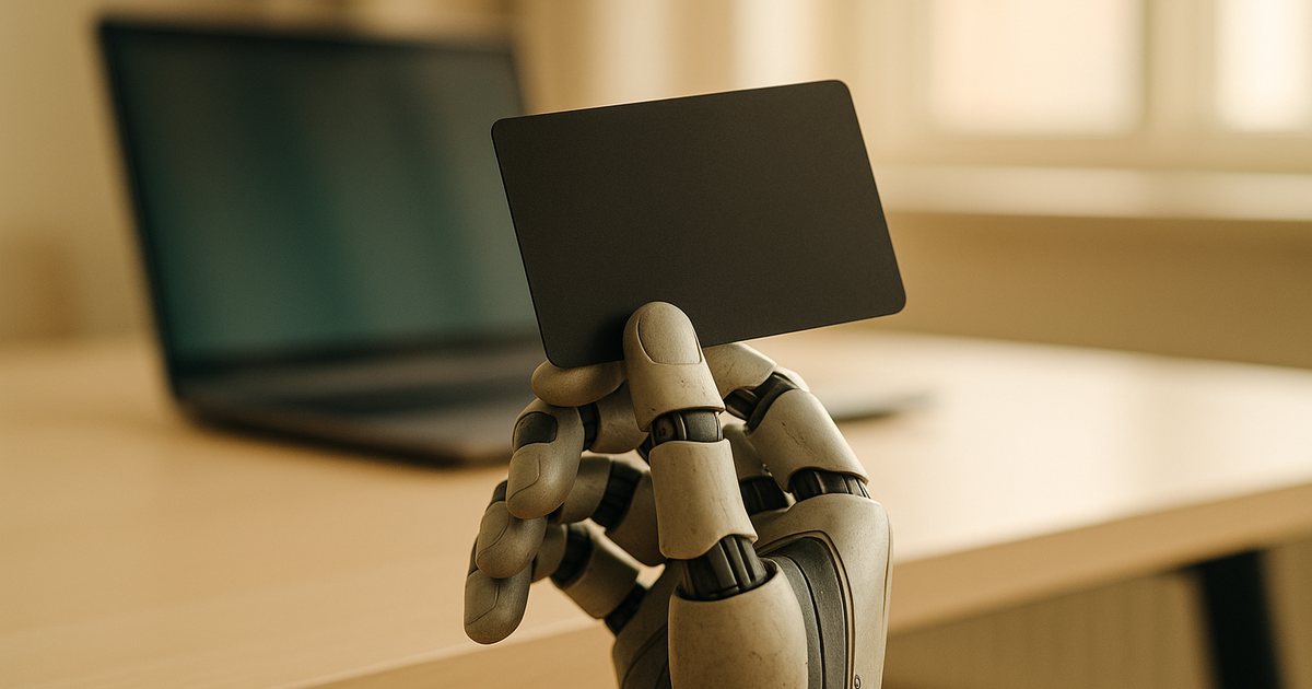 A robotic hand holding a blank matte-black corporate payment card on an office desk — an AI agent granted authority to spend money