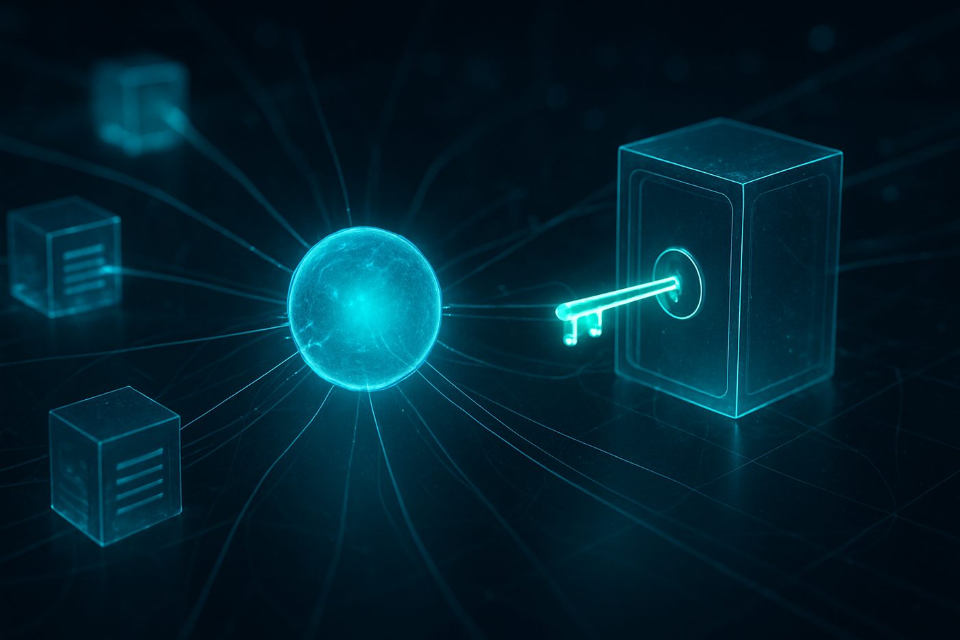 An autonomous agent node connected by threads of light to sensitive systems while a control gate issues it a single scoped key — machine identity and access control for AI agents