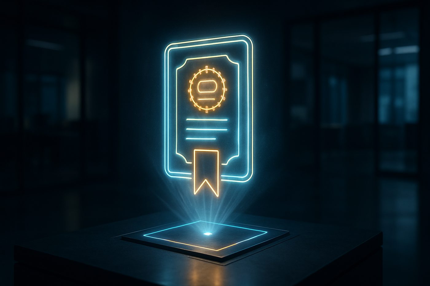 A glowing cryptographic seal of light rising from a governance gate and presented forward as a portable, valuable asset, with blue and gold accents