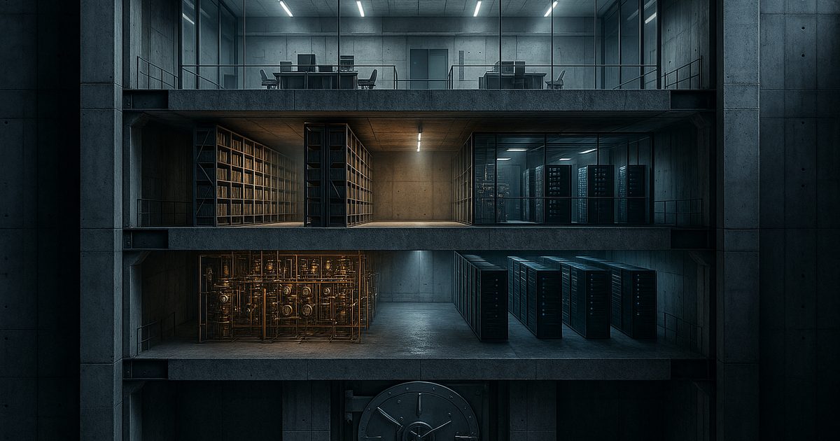 Cutaway cross-section of a secure facility revealing five distinct stacked layers — the five architectural layers of deterministic AI governance