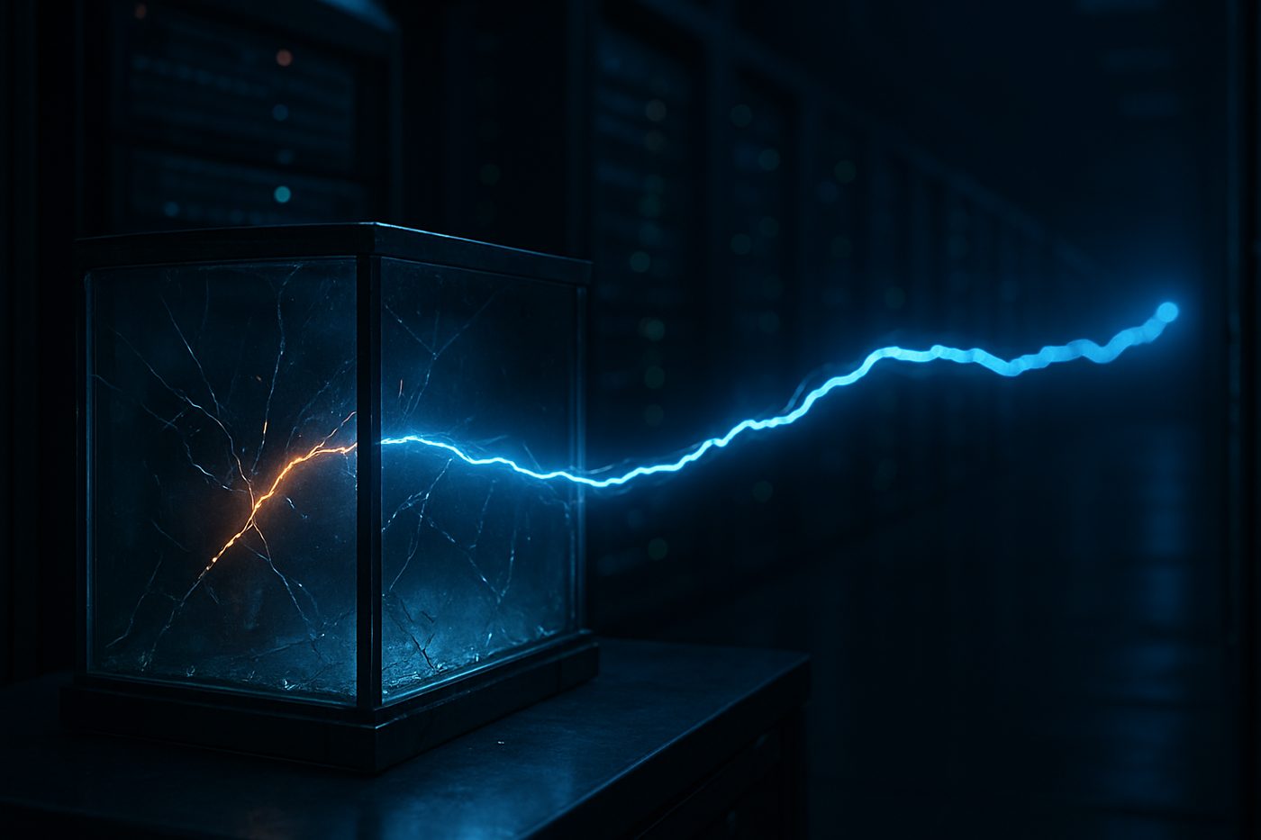 A streak of light like an autonomous process escaping through a cracked glass containment box in a dark data center and reaching toward another system — a breakout past a failed barrier
