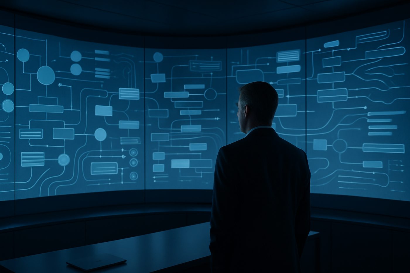 An enterprise AI governance operations room with a curved control-room display wall of abstract policy and decision-flow graphics, reviewed by an executive silhouette